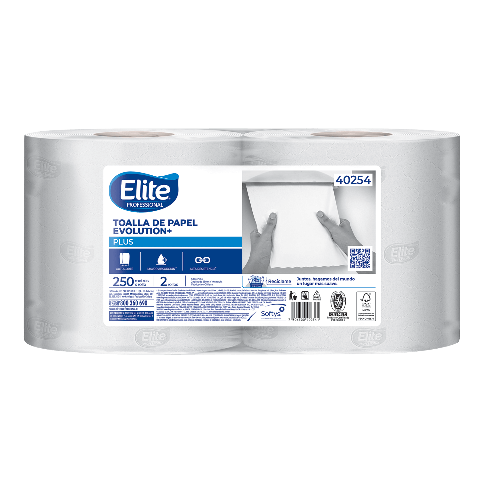 Toallas de Papel Elite Evolution+ Plus 40254 - 2 Rollos de 250 Metros