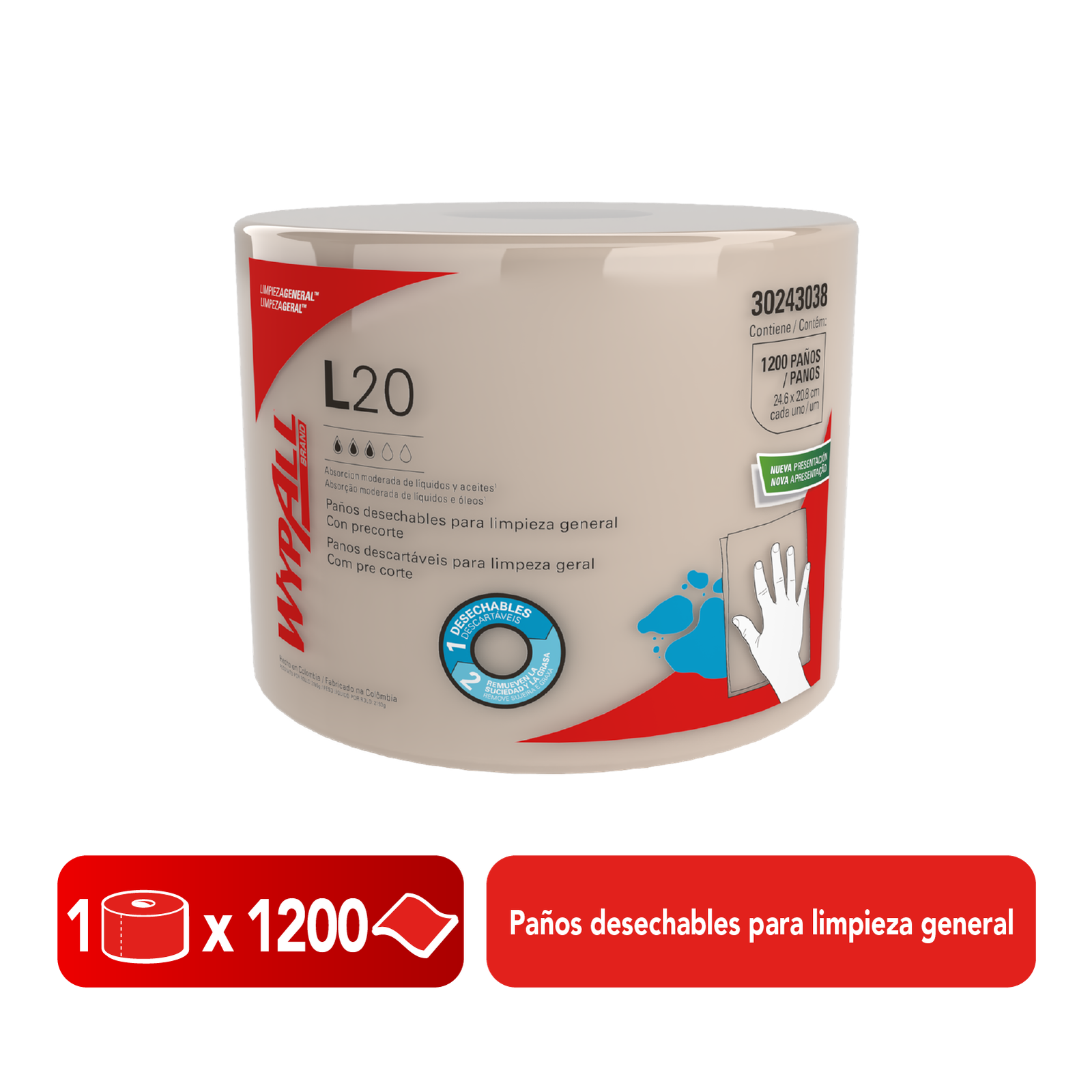Paños L20 Bobina Jumbo Desechable Limpieza General - (2200 Hojas)