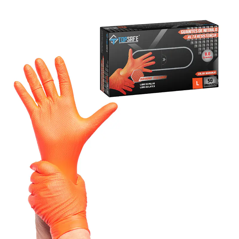 Guante de Nitrilo Naranja Texturizado 8g (50 unidades)