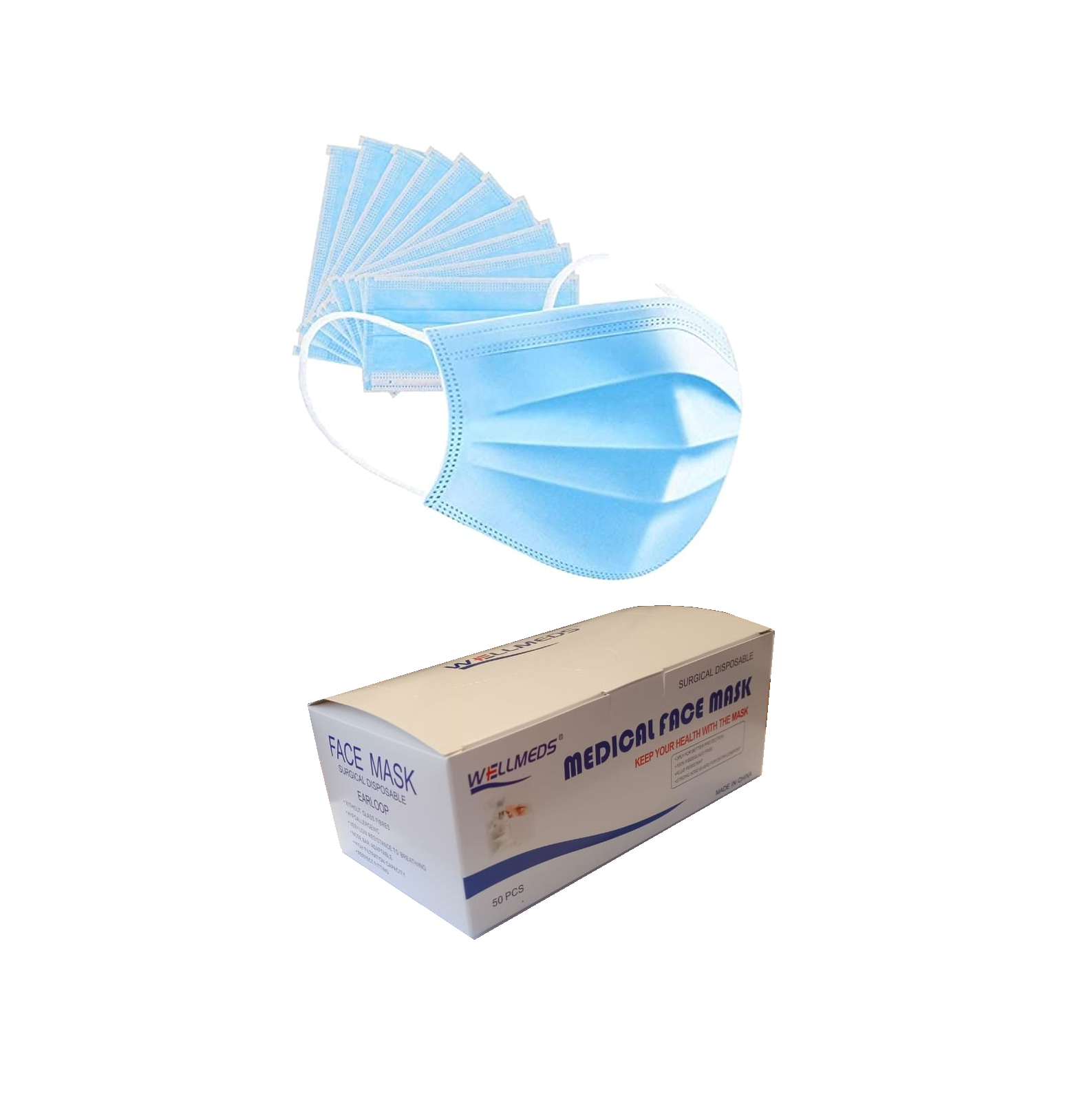 Mascarillas 3 pliegues desechables uso médico certificadas Wellmeds caja x 50 unid