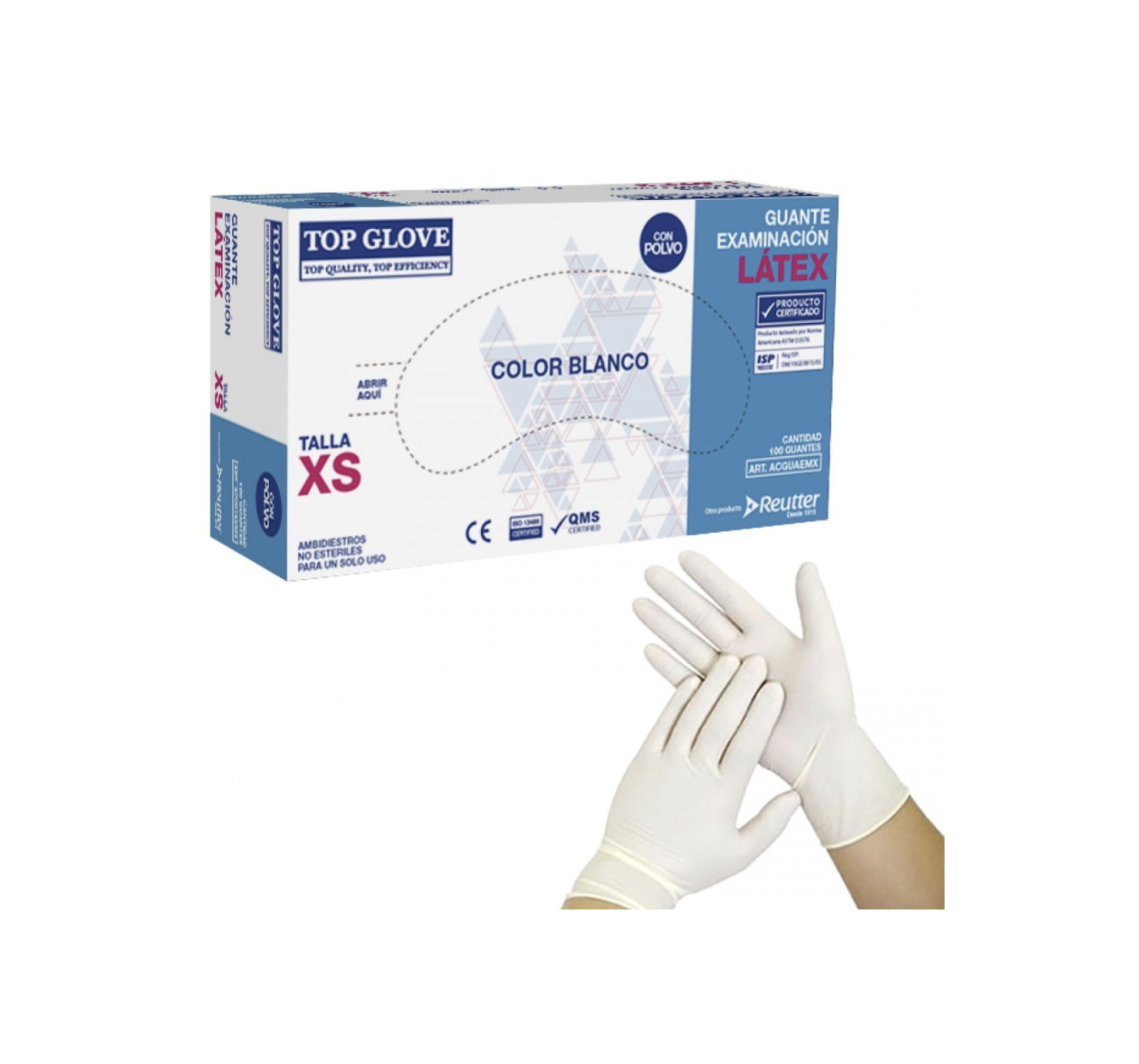 Guantes desechables de Examen Látex Blanco con polvo Top Glove / Tresor embalaje 10 cajas x 100 unid