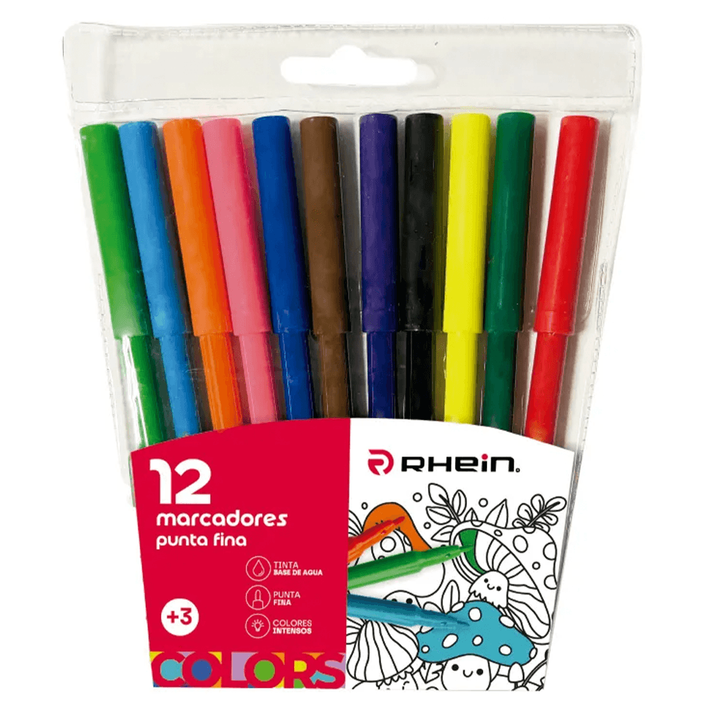 Plumon Escolar Punta Fina 12 Colores
