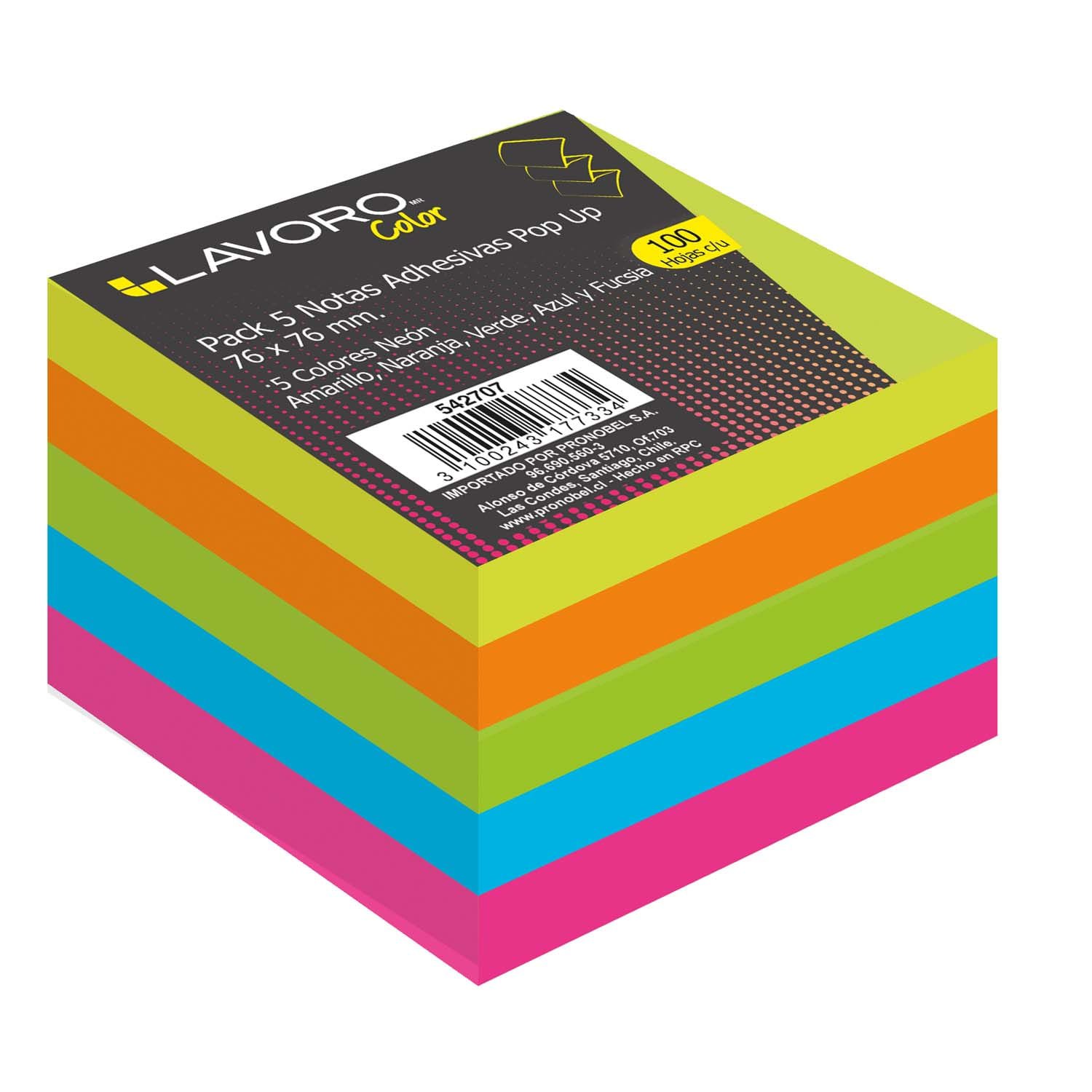 Pack Notas adhesivas 76 X 76 Mm 100 Hojas Pop Up 5 Colores Neon